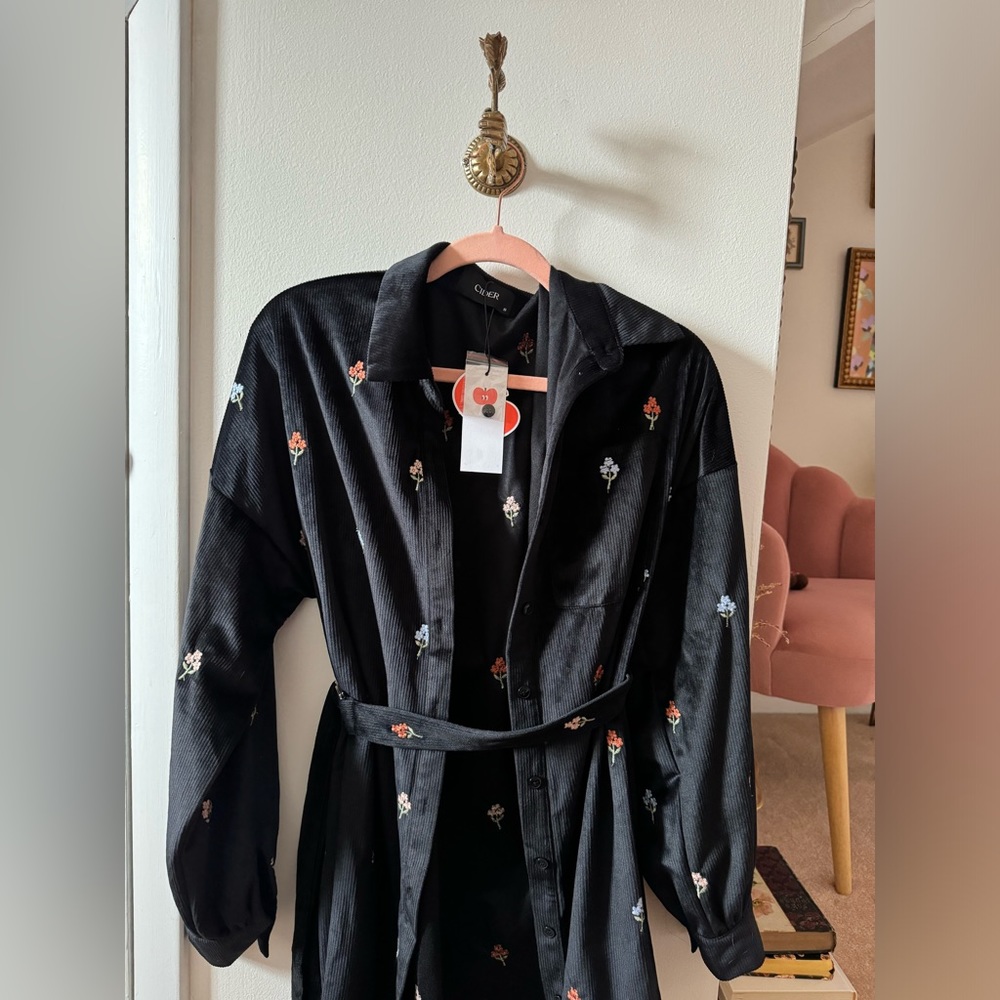 Cider Black Velvet Shirt Dress with Floral Embroidery Size S